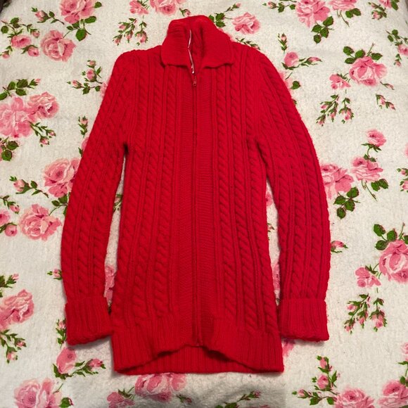 1960s vintage handknit red cable knit bodycon zip fishermans cardigan! - Picture 7 of 8